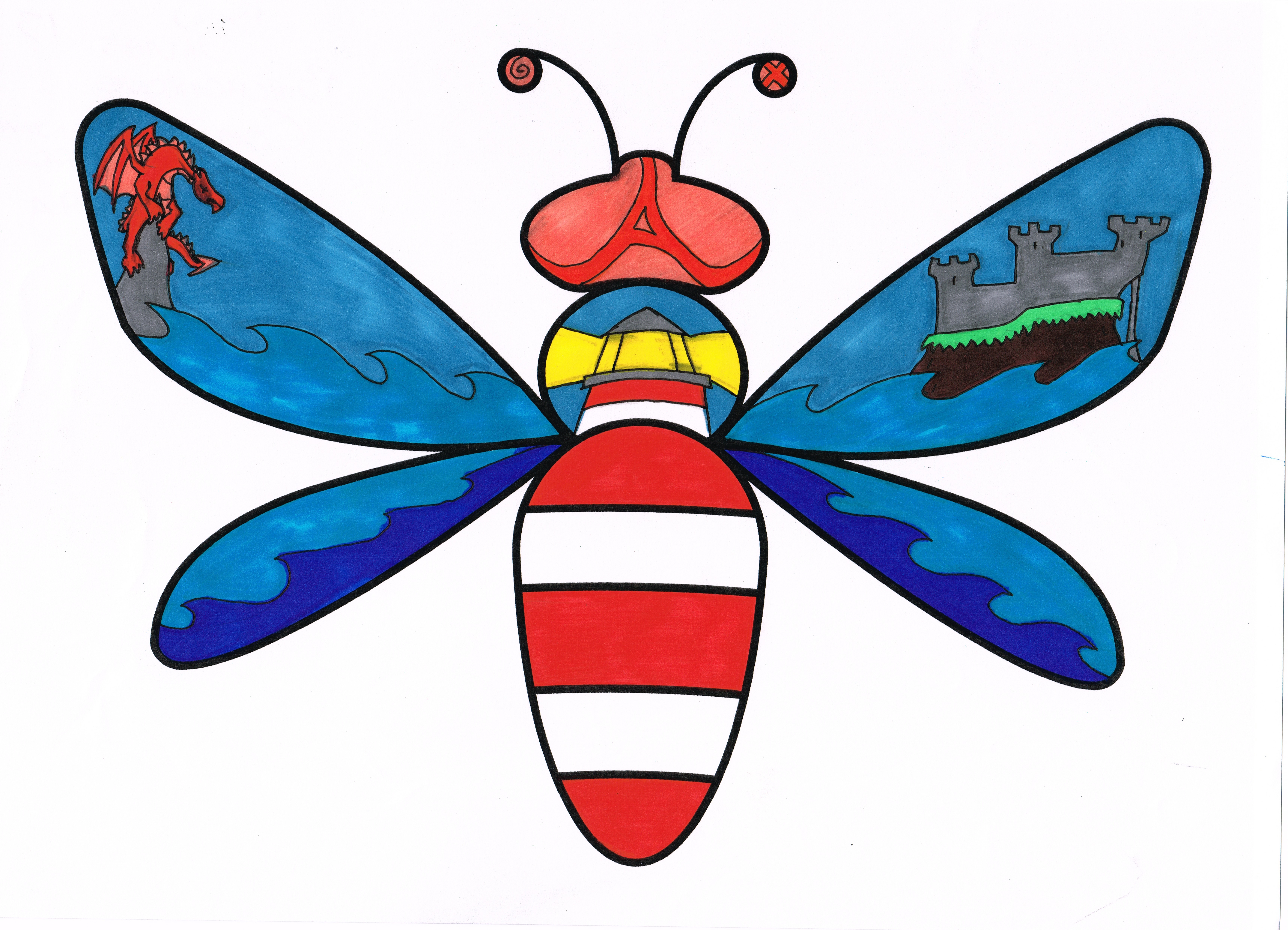 Illustrated image from Locws International's Morriston Hospital Schools Mural Project of bee showing a lighthouse as the bees body and waves on the wings.